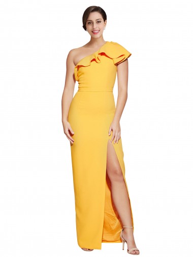 Açafrão Bainha Um Ombro Comprimento Chão Vestidos de Madrinha / Vestidos de Noite / Vestidos de Festa Acessíveis