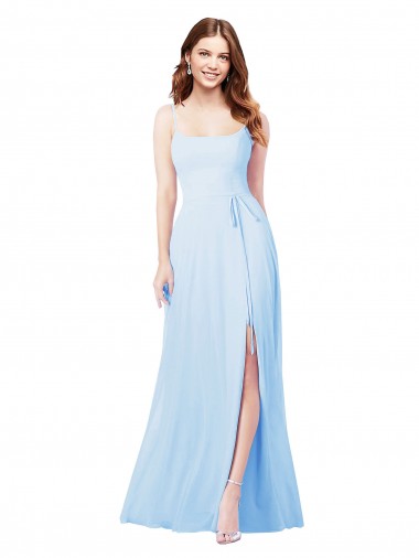 Azul Céu Claro Bainha Decote Quadrado Comprimento Chão Vestidos de Madrinha Acessíveis