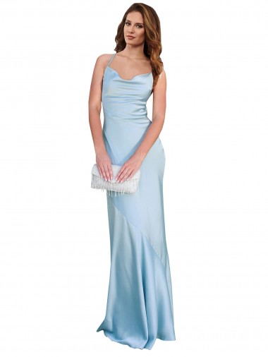 Criss Cruz Azul Céu Claro Bainha Decote Capuz Comprimento Chão Vestidos de Madrinha / Vestidos de Noite / Vestidos de Festa Acessíveis