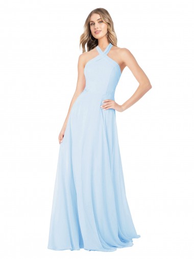Azul Céu Claro Linha A Decote Alto Comprimento Chão Vestidos de Madrinha Acessíveis