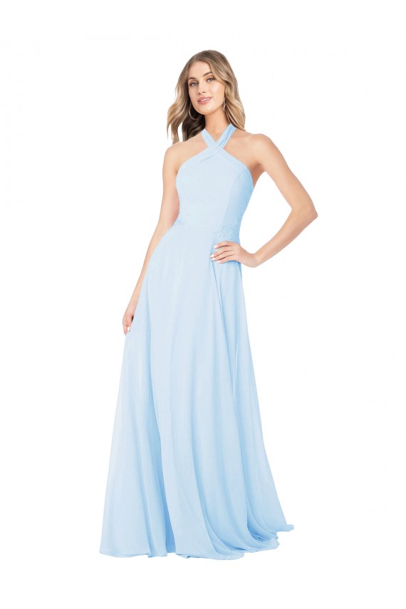 Azul Céu Claro Linha A Decote Alto Comprimento Chão Vestidos de Madrinha Acessíveis