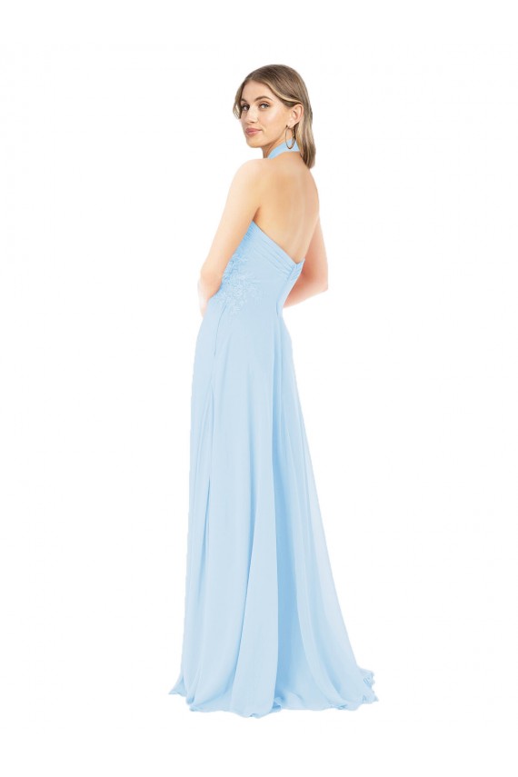 Azul Céu Claro Linha A Decote Alto Comprimento Chão Vestidos de Madrinha Acessíveis