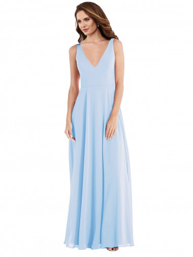 Azul Céu Claro Linha A Decote V Comprimento Chão Vestido de Madrinha Acessíveis