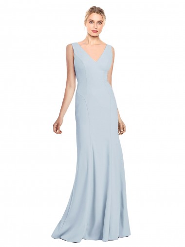 Lombar Azul Céu Claro Trombeta Decote V Comprimento Chão Vestidos de Madrinha / Vestidos de Festa Acessíveis