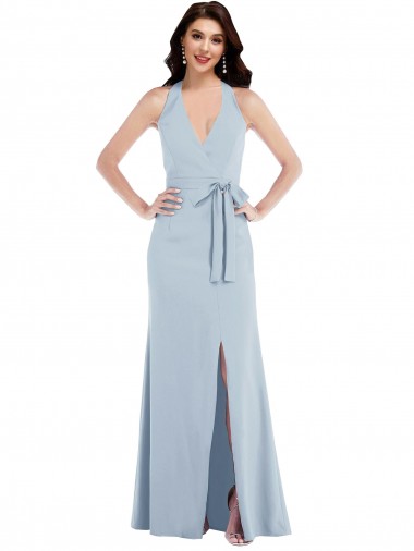 Abrir de volta Azul Céu Claro Linha A Decote V Comprimento Chão Vestidos de Madrinha / Vestidos de Noite / Vestidos de Festa Acessíveis