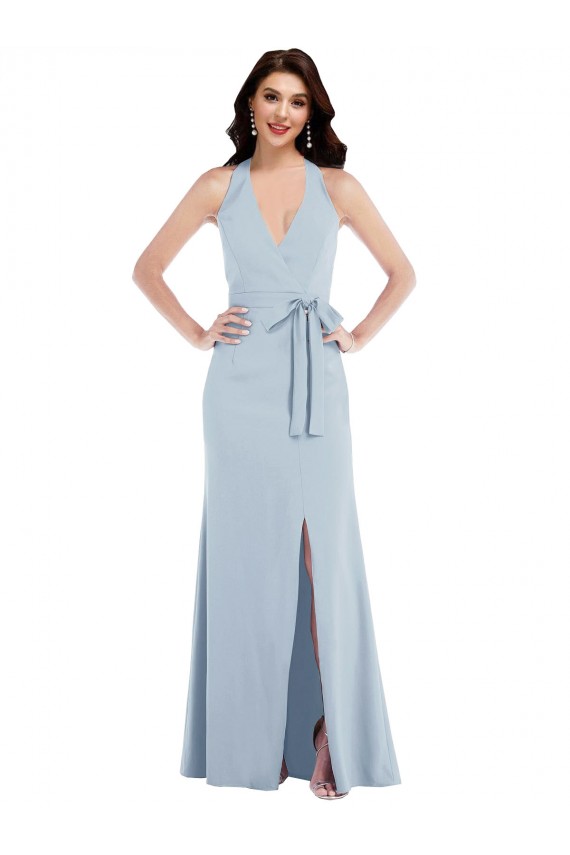 Abrir de volta Azul Céu Claro Linha A Decote V Comprimento Chão Vestidos de Madrinha / Vestidos de Noite / Vestidos de Festa Acessíveis