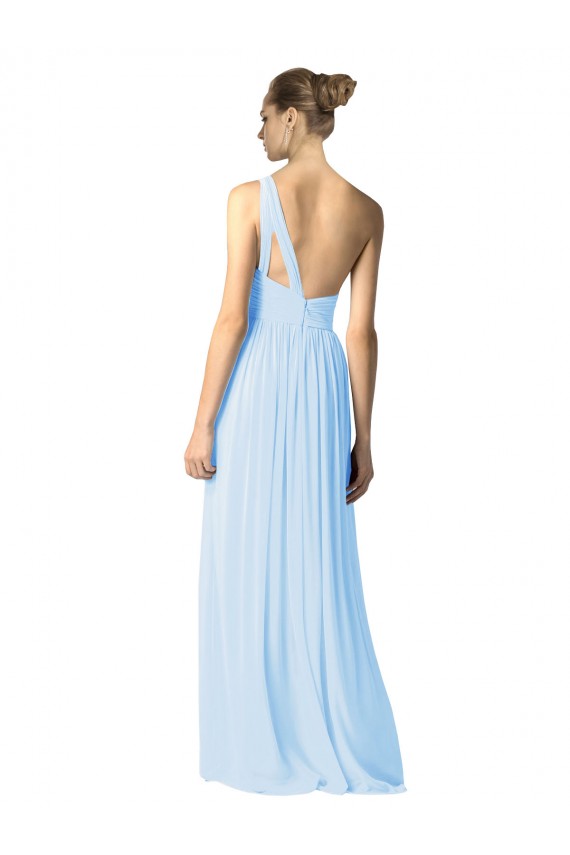Azul Céu Claro Linha A Um Ombro Comprimento Chão Vestidos de Madrinha Acessíveis