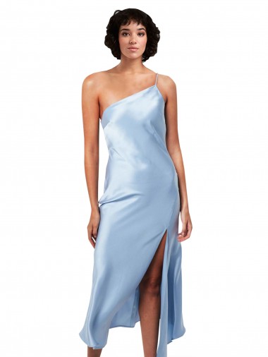 Azul Céu Claro Linha A Um Ombro Comprimento Midi Vestidos de Madrinha / Vestidos de Noite / Vestidos de Festa Acessíveis