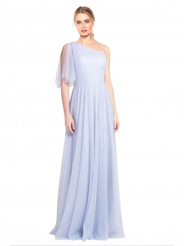 Azul Céu Claro Linha A Um Ombro Comprimento Chão Longo Mangas Esvoaçantes Vestidos de Madrinha Acessíveis
