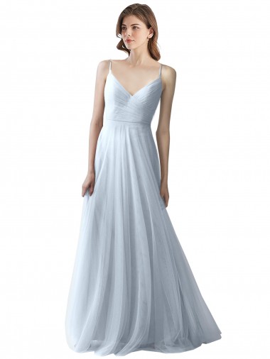 Azul Céu Claro Linha A Decote V Comprimento Chão Vestidos de Festa / Vestidos de Madrinha Acessíveis