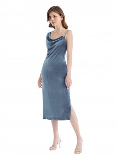 Azul Empoeirado Bainha Um Ombro Comprimento Chão Vestidos de Madrinha / Vestidos de Festa Acessíveis