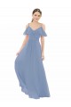Azul Empoeirado Linha A Decote V Comprimento Chão Vestido de Madrinha Acessíveis