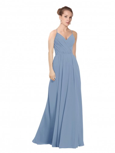 Costas em V Azul Empoeirado Linha A Decote V Comprimento Chão Vestidos de Madrinha Acessíveis