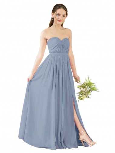 Abrir de volta Azul Empoeirado Linha A Amor Comprimento Chão Vestido de Madrinha Acessíveis