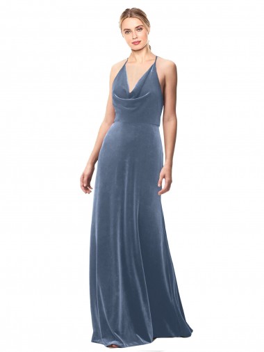 Buraco da fechadura Azul Empoeirado Linha A Decote Capuz Comprimento Chão Vestidos de Madrinha / Vestidos de Festa Acessíveis