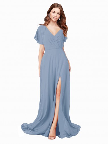 Azul Empoeirado Linha A Decote V Comprimento Chão Longo Vestidos de Madrinha / Vestidos de Festa Acessíveis