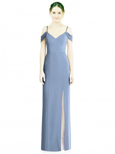 Abrir de volta Azul Empoeirado Linha A Jewel Comprimento Chão Vestidos de Madrinha / Vestidos de Noite Acessíveis