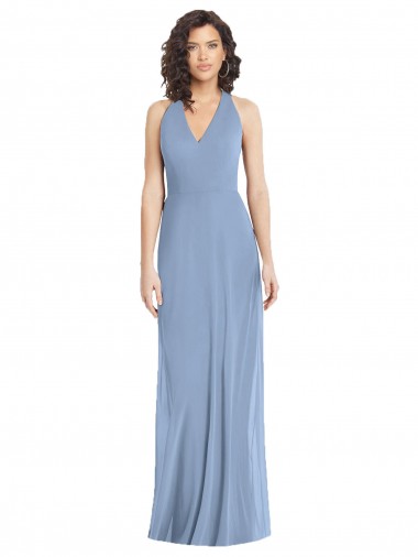 Abrir de volta Azul Empoeirado Trombeta Decote V Comprimento Chão Vestidos de Madrinha / Vestidos de Noite Acessíveis
