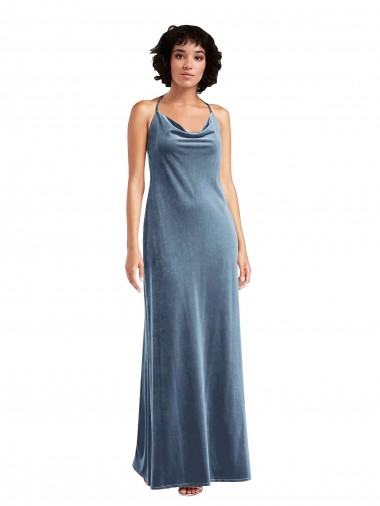 Costas em V Azul Empoeirado Bainha Decote Capuz Comprimento Chão Longo Vestidos de Madrinha / Vestidos de Festa Acessíveis