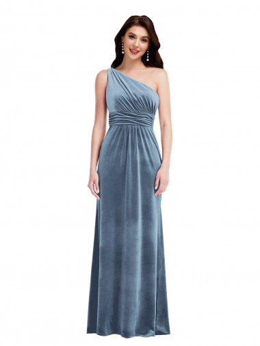 Azul Empoeirado Linha A Fora do Ombro Comprimento Chão Vestidos de Madrinha / Vestidos de Festa Acessíveis