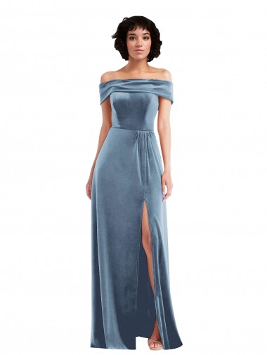 Azul Empoeirado Linha A Fora do Ombro Comprimento Chão Longo Vestidos de Madrinha / Vestidos de Festa Acessíveis