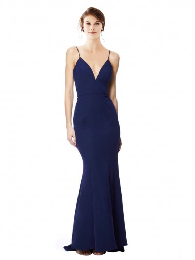 Abrir de volta Azul Marinho Sereia Decote Alto Comprimento Chão Vestidos de Madrinha / Vestidos de Noite / Vestidos de Festa Acessíveis