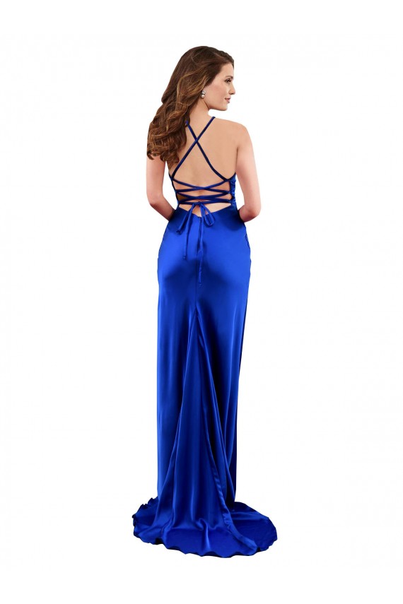 Criss Cruz Azul Real Bainha Decote Capuz Comprimento Chão Vestidos de Madrinha / Vestidos de Noite / Vestidos de Festa Acessíveis