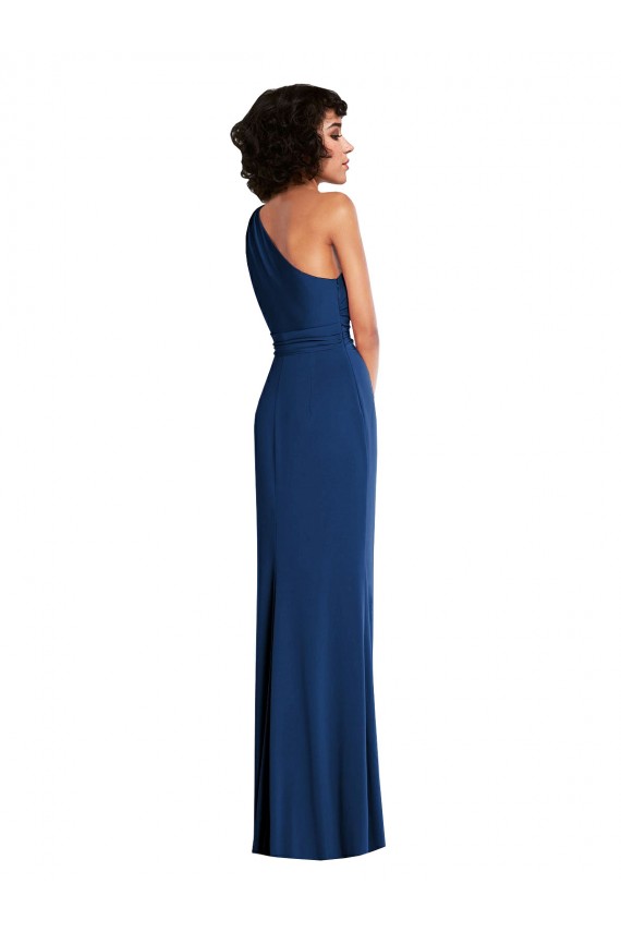 Azul Real Bainha Um Ombro Comprimento Chão Vestidos de Madrinha / Vestidos de Festa Acessíveis