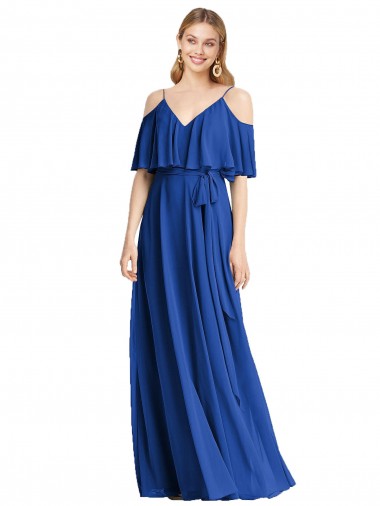 Azul Real Linha A Decote V Comprimento Chão Ombro Frio Vestidos de Madrinha Acessíveis