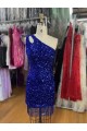 Azul Real Bainha Um Ombro Curto Vestidos de Festa Acessíveis