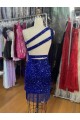 Azul Real Bainha Um Ombro Curto Vestidos de Festa Acessíveis