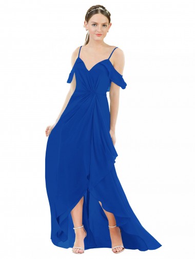Azul Real Linha A Decote V Alto Baixo Alto Baixo, Vestidos de Madrinha Acessíveis