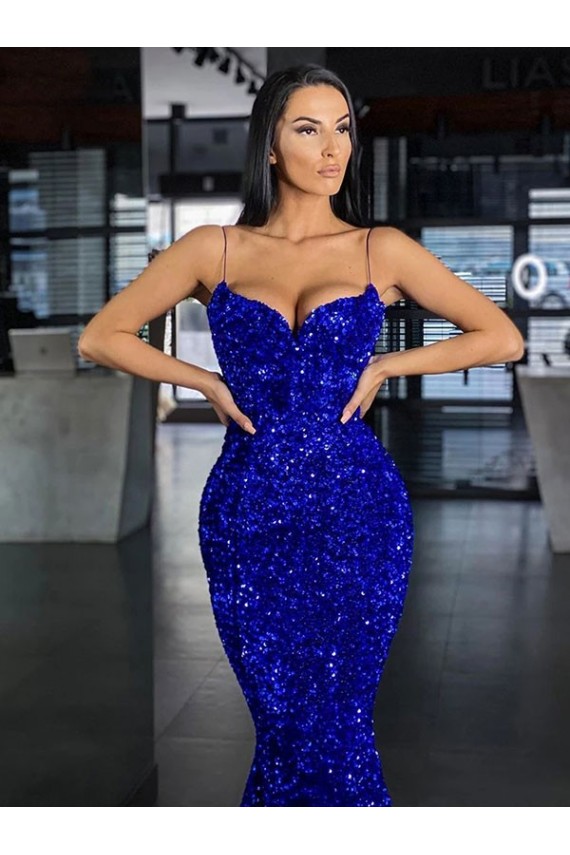 Azul Real Sereia Alças finas Comboio Varredela Vestidos de Festa Acessíveis
