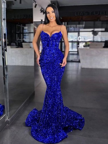 Azul Real Sereia Alças finas Comboio Varredela Vestidos de Festa Acessíveis