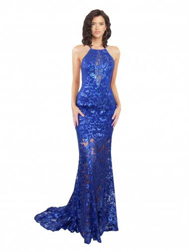 Abrir de volta Azul Real Sereia Decote Alto Comprimento Chão Vestidos de Madrinha / Vestidos de Festa Acessíveis