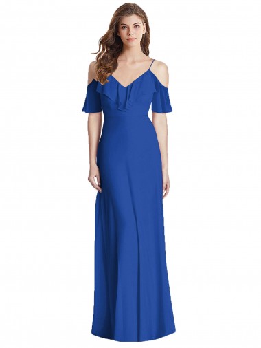 Costas em V Azul Real Trombeta Decote V Comprimento Chão Vestidos de Madrinha Acessíveis