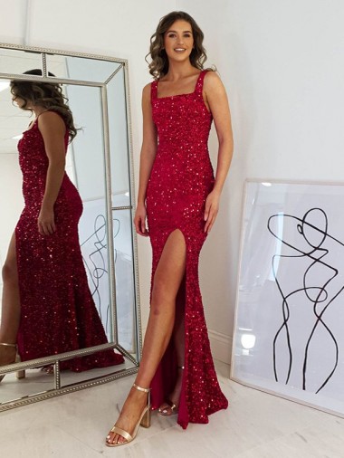 Borgonha Bainha Decote Quadrado Comprimento Chão Vestidos de Festa Acessíveis