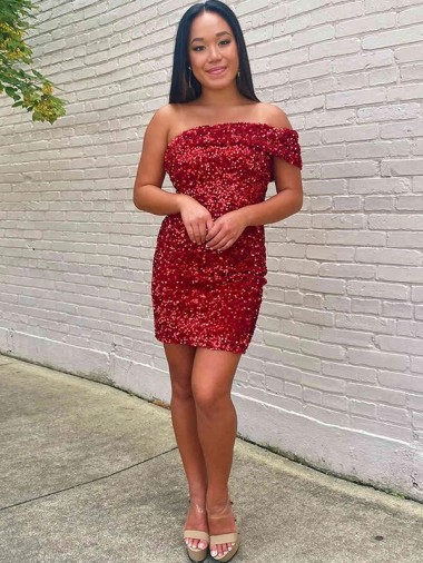 Borgonha Bainha Um Ombro Curto Vestidos de Festa Acessíveis