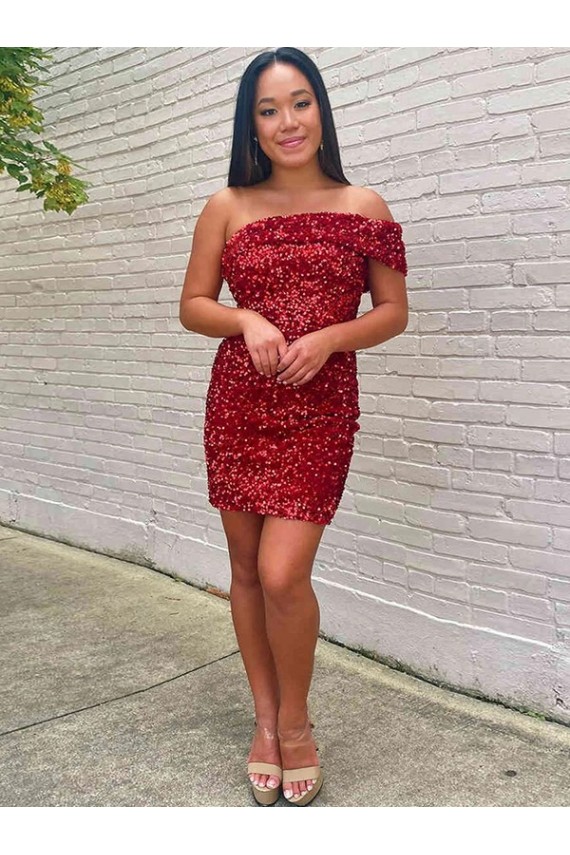 Borgonha Bainha Um Ombro Curto Vestidos de Festa Acessíveis