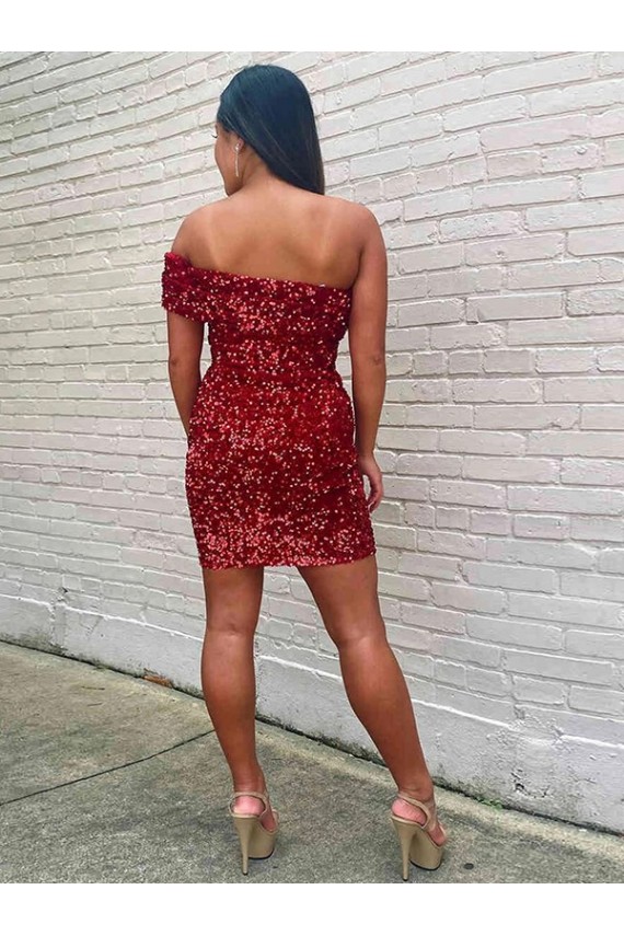 Borgonha Bainha Um Ombro Curto Vestidos de Festa Acessíveis