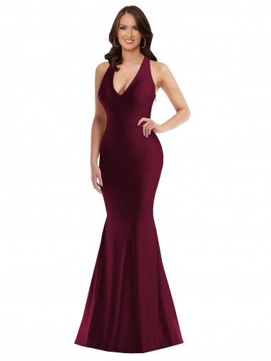 Abrir de volta Borgonha Sereia Decote V Comprimento Chão Vestidos de Madrinha / Vestidos de Noite / Vestidos de Festa Acessíveis