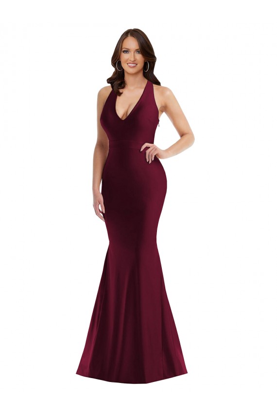 Abrir de volta Borgonha Sereia Decote V Comprimento Chão Vestidos de Madrinha / Vestidos de Noite / Vestidos de Festa Acessíveis