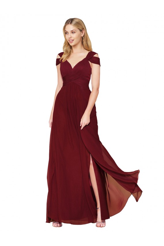 Borgonha Linha A Decote Alto Comprimento Chão Longo Vestidos de Madrinha / Vestidos de Noite / Vestidos de Festa Acessíveis