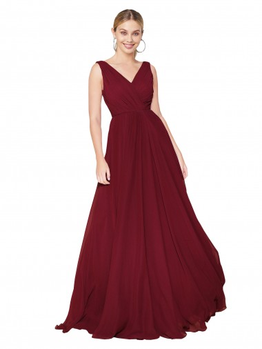Costas em V Borgonha Linha A Decote Alto Comprimento Chão Vestidos de Madrinha / Vestidos de Noite / Vestidos de Festa Acessíveis
