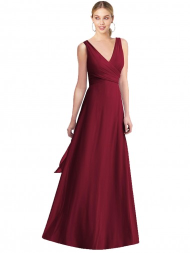 Costas em V Borgonha Linha A Decote V Comprimento Chão Vestidos de Festa / Vestidos de Madrinha Acessíveis