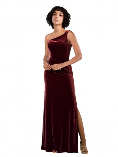 Borgonha Coluna Um Ombro Comprimento Chão Vestidos de Madrinha / Vestidos de Noite / Vestidos de Festa Acessíveis