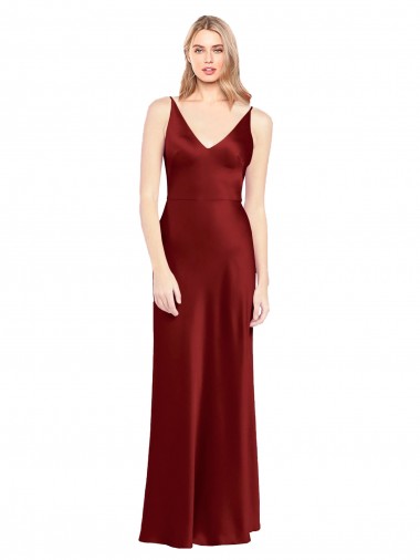 Costas em V Borgonha Linha A Decote V Comprimento Chão Sem Mangas Vestidos de Madrinha / Vestidos de Noite / Vestidos de Festa Acessíveis