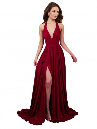 Abrir de volta Borgonha Linha A Decote V Comprimento Chão Vestidos de Madrinha / Vestidos de Noite / Vestidos de Festa Acessíveis