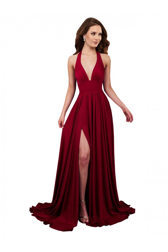 Abrir de volta Borgonha Linha A Decote V Comprimento Chão Vestidos de Madrinha / Vestidos de Noite / Vestidos de Festa Acessíveis