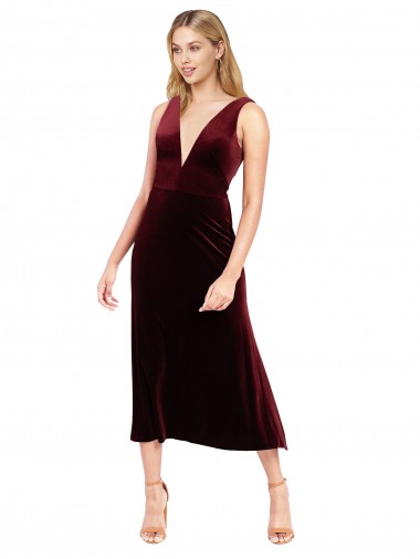 Costas em V Borgonha Linha A Decote V Comprimento Midi Vestidos de Madrinha / Vestidos de Festa / Vestidos de Cocktail / Vestidos de Homecoming Acessíveis